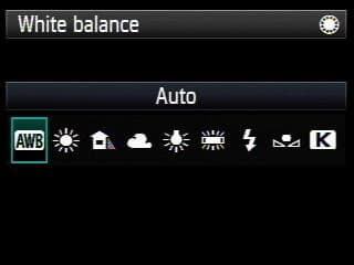 A Canon white balance menu with Auto (AWB) selected