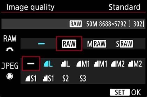 A Canon image quality menu with RAW selected and JPEG turned off